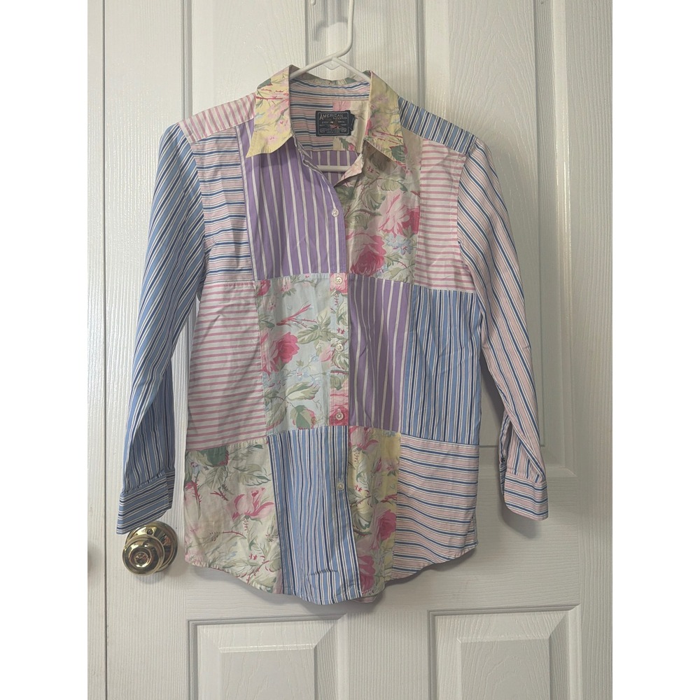 American Living Womens Patchwork Floral Striped Button Down Shirt Cotton Size M